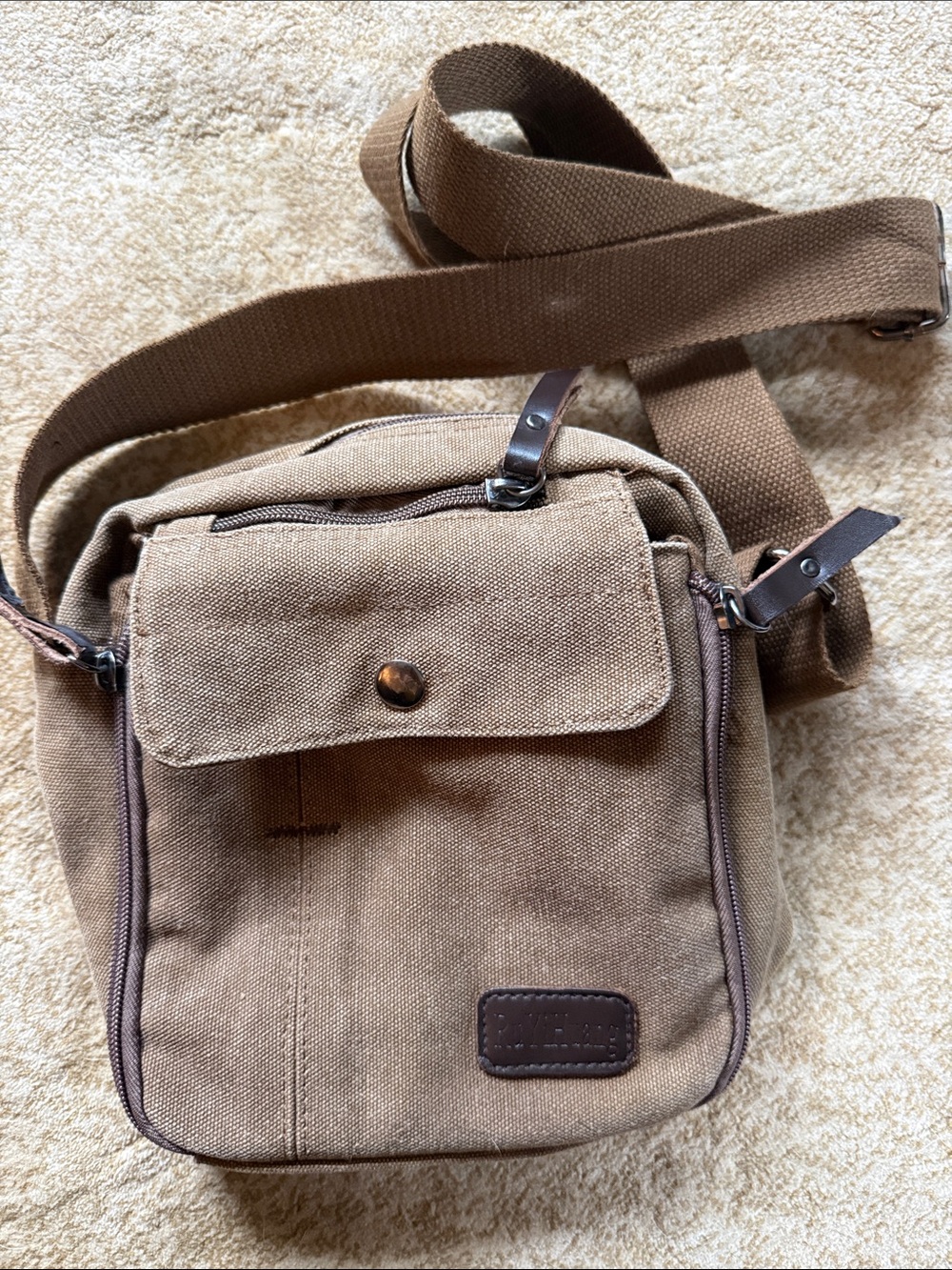 Men's Tan Canvas Messenger Crossbody Bag with Adjustable Strap